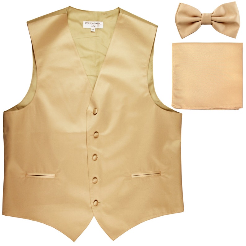for Formal Occasions Men/'s Solid Beige Polyester Vest with Pre-Tied Bowtie and Handkerchief