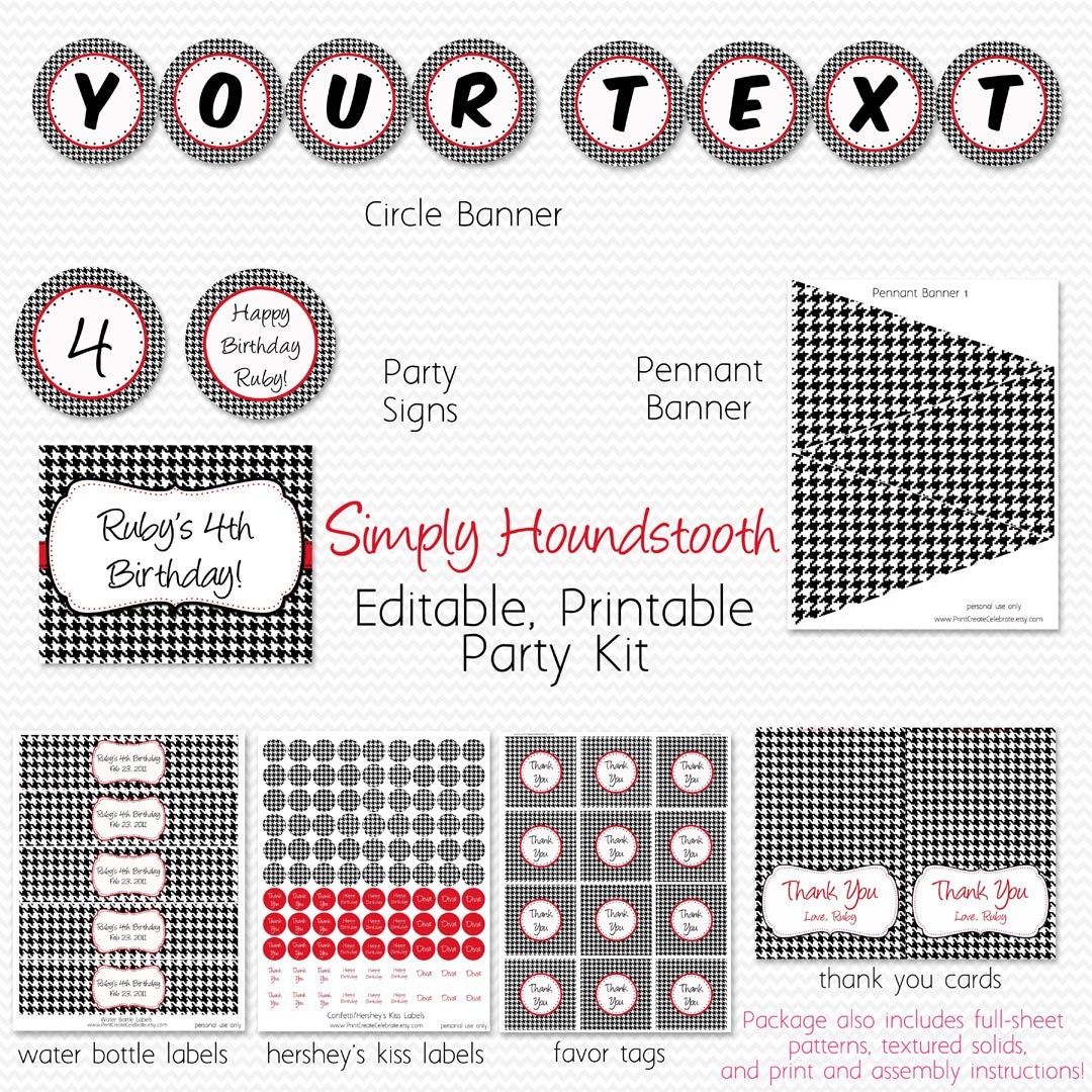 Houndstooth Party Supplies Printable Birthday Party Package Etsy