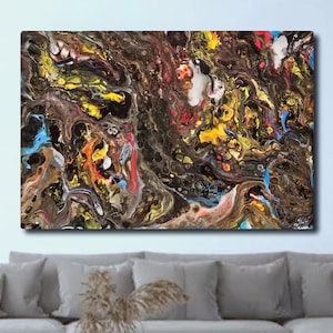 May include: Abstract art canvas with a swirling pattern of colors. The artwork features a mix of brown, yellow, red, blue, and white hues, creating a dynamic and textured visual effect. The canvas is rectangular and mounted on a wall above a gray sofa.