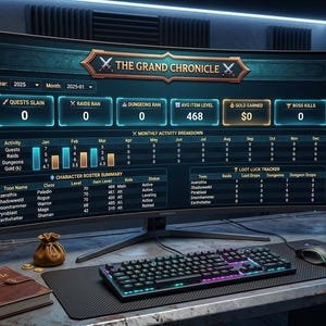 May include: A gaming setup featuring a curved monitor displaying "THE GRAND CHRONICLE" interface, a keyboard, mouse, and a PC tower with LED lights. Miniature figurines and a leather-bound book are also present, creating a gaming theme.