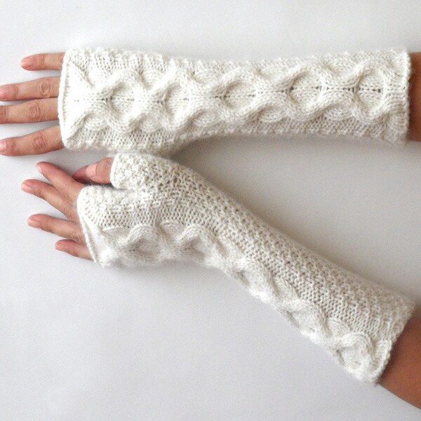 Soft Cashmere Fingerless Gloves White Knit Arm Warmers Women's Hand Warmers Wool Fingerless Gloves Wrist Warmers - KG0035 - Aimarro