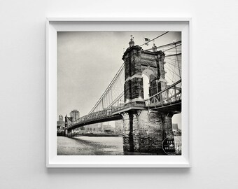 Cincinnati Skyline Noir et blanc Paysage urbain Roebling Suspension Bridge Square Art Print - Plusieurs tailles disponibles, s’adapte aux cadres IKEA Ribba