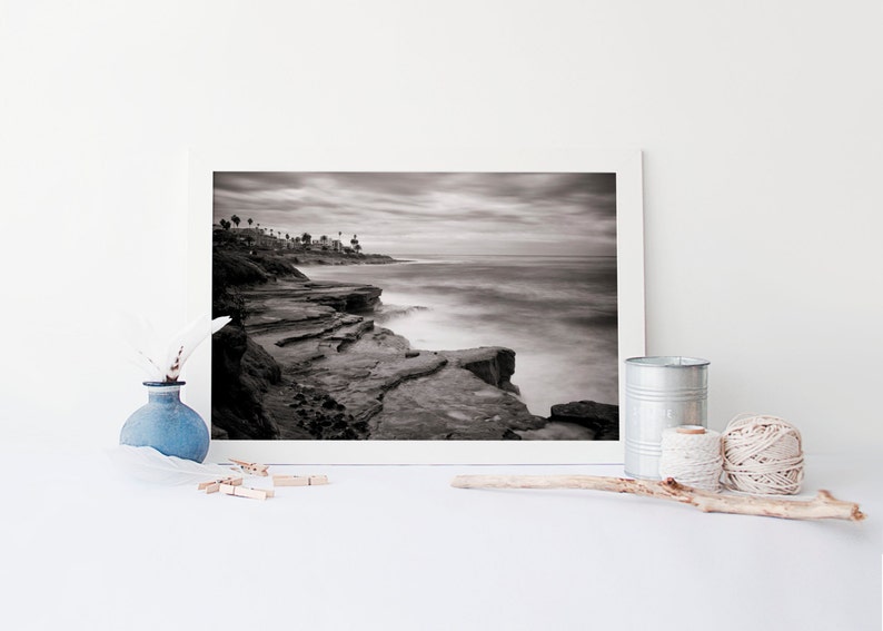 La Jolla Cliffs San Diego Art California Black and White Beach Photography Oversized Art Prints Available image 1