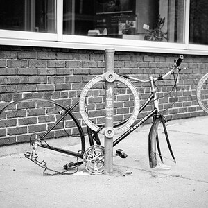 Toronto Bicycle Art Bike Ring and Broken Bike on the Danforth, Black and White Street Photography, Weird Art Oversized Prints Available image 2