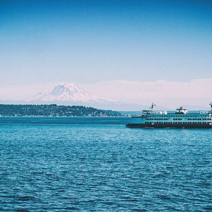Mount Rainier and Ferry Boat in Washington State Seattle Art, Nautical Decor, Beach Decor Small and Large Wall Art Sizes Available image 2