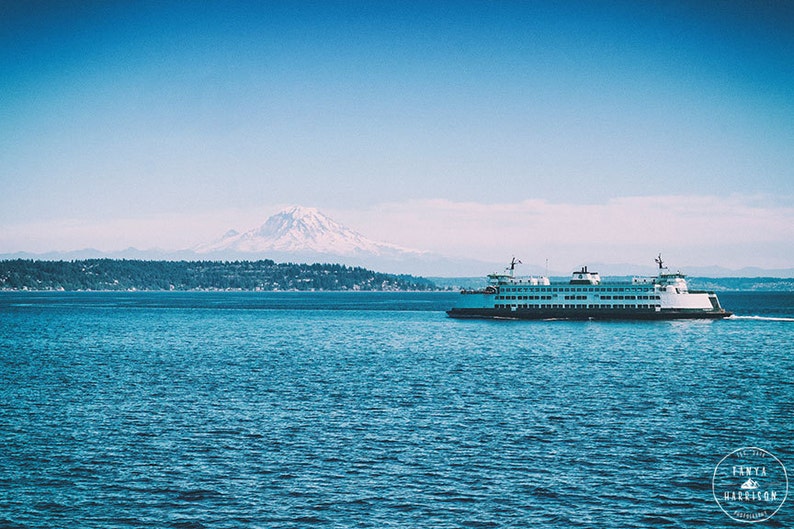 Mount Rainier and Ferry Boat in Washington State Seattle Art, Nautical Decor, Beach Decor Small and Large Wall Art Sizes Available image 2