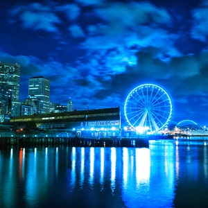 Seattle Art Great Wheel Waterfront View Seattle Skyline Night Cityscape, Blue Wall Art, Blue Home Decor Large Wall Art Prints Available image 2