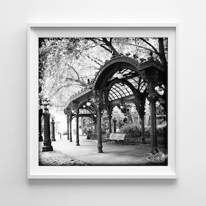 May include: Monochrome image of a park with a detailed, arched structure. The structure has a glass roof and is supported by columns. Trees and benches are visible, creating a tranquil scene.