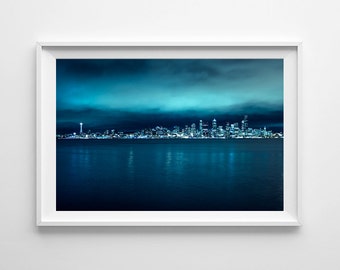 Seattle Skyline Blue Wall Art Cityscape - Blue Home Decor - Space Needle at Night from Alki Beach at Night - Fine Art Photography