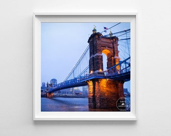 Cincinnati Bridge Square Art Print - Suspension Bridge Blue Wall Art, Cincinnati Skyline, Orange and Blue Decor - Large Art Prints Available