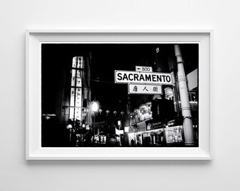 San Francisco Art Chinatown at Night Black and White Art, Cityscape Urban Night Photography