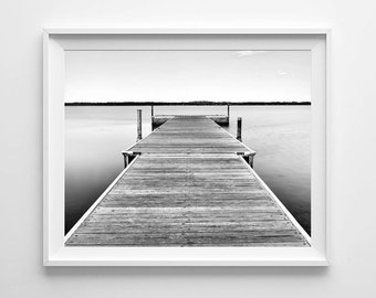 Minnesota Art Lake Bemidji Dock - Black and White Nautical Decor - Large Wall Art Sizes Available