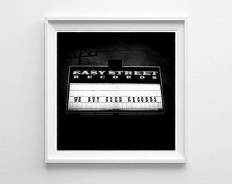 Seattle Art Print - Black and White Easy Street Records Sign - Music Art, Record Art - Urban Square Wall Art, Fits IKEA Ribba Frames