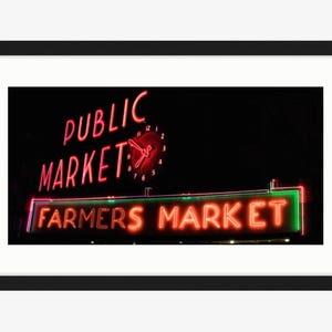 Seattle Pike Place Market Panorama Neon Sign at Night Red Wall Art, Farmers Market Art Oversized Art, Large Art Prints Available image 1