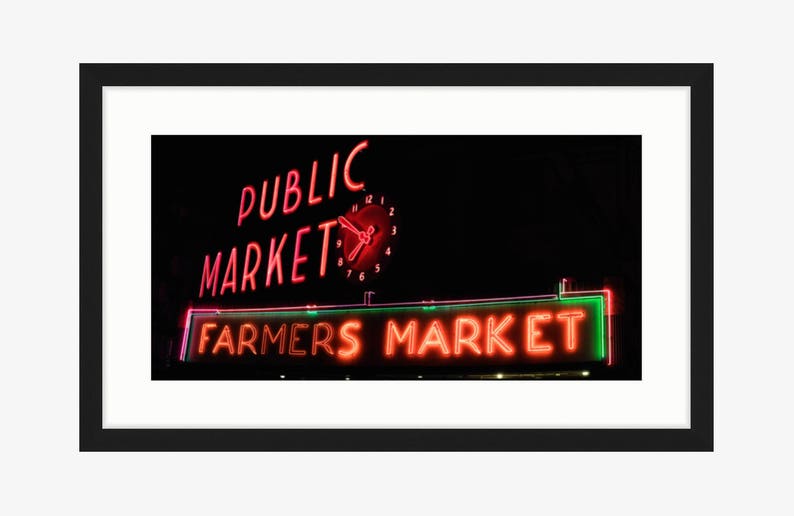 Seattle Pike Place Market Panorama Neon Sign at Night Red Wall Art, Farmers Market Art Oversized Art, Large Art Prints Available image 1