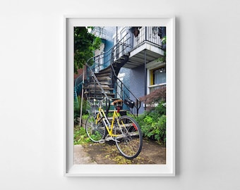 Montreal Vertical Wall Art - Blue Spiral Stairs and Yellow Bicycle Street Photography, Travel Photography - Large Wall Art Prints Available