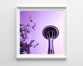 Seattle Space Needle Purple Home Decor - Seattle Art, Washington State Purple Wall Art, Pacific Northwest Square Art Print - FREE SHIPPING