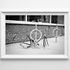 Toronto Bicycle Art Bike Ring and Broken Bike on the Danforth, Black and White Street Photography, Weird Art Oversized Prints Available image 1