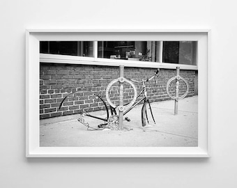 Toronto Bicycle Art - Bike Ring and Broken Bike on the Danforth, Black and White Street Photography, Weird Art - Oversized Prints Available