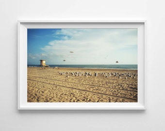 Newport Beach Lifeguard Tower and Seagulls - California Beach House Decor, Ocean Art, Beach Home Decor - Large Art Prints Available