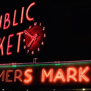 Seattle Pike Place Market Panorama Neon Sign at Night Red Wall Art, Farmers Market Art Oversized Art, Large Art Prints Available image 2