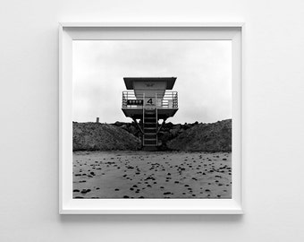 San Diego Torrey Pines Lifeguard Tower Black and White California Beach Decor, Film Photography Square Art - Small and Oversized Print Sizes