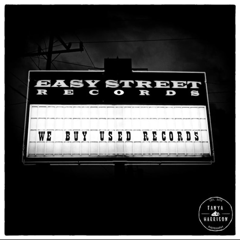 Seattle Art Print Black and White Easy Street Records Sign Music Art, Record Art Urban Square Wall Art, Fits IKEA Ribba Frames image 2