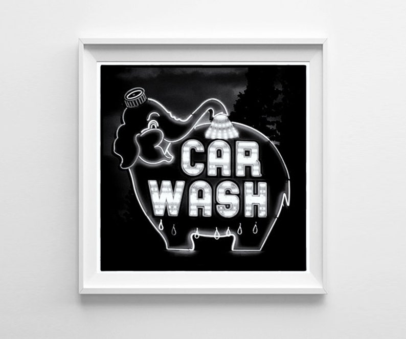 Seattle Art Elephant Car Wash Black and White Photograph Unique Art, Weird Art Large Art Prints Available image 1