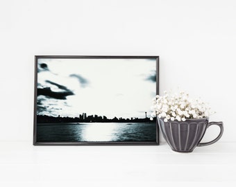 Seattle Skyline From Gas Works Park - Black and White Cityscape Silhouette with Space Needle - Framed Art Available