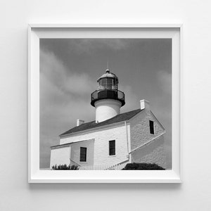 Nautical Decor San Diego Point Loma Lighthouse Black and White Beach Decor, Square Art Print Film Photography Large Art Prints Available image 1