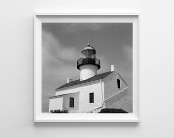 Nautical Decor San Diego Point Loma Lighthouse - Black and White Beach Decor, Square Art Print Film Photography - Large Art Prints Available