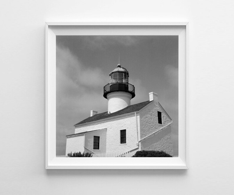 Nautical Decor San Diego Point Loma Lighthouse Black and White Beach Decor, Square Art Print Film Photography Large Art Prints Available image 1