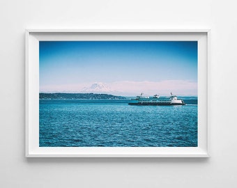 Mount Rainier and Ferry Boat in Washington State - Seattle Art, Nautical Decor, Beach Decor - Small and Large Wall Art Sizes Available