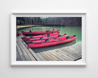 Red Canoe Art Autumn Decor - Lake House Decor, Fall Art - Arkansas Art Devil's Den State Park - Small and Large Art Prints Available