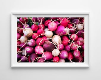 Pink Kitchen Decor Food Photography - Radishes Farmers Market Kitchen Art, Pink and White Food Art - Oversized Art Prints Available