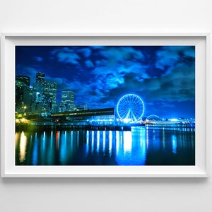 Seattle Art Great Wheel Waterfront View Seattle Skyline Night Cityscape, Blue Wall Art, Blue Home Decor Large Wall Art Prints Available image 1