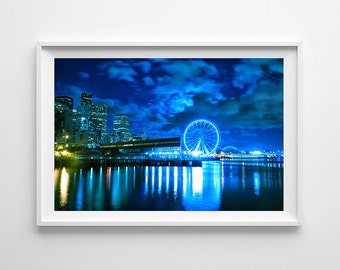 Seattle Art Great Wheel Waterfront View - Seattle Skyline Night Cityscape, Blue Wall Art, Blue Home Decor - Large Wall Art Prints Available