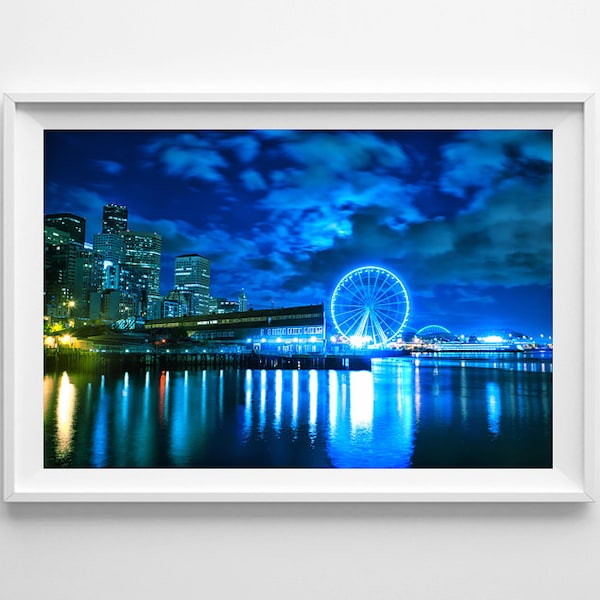 Seattle Art Great Wheel Waterfront View - Seattle Skyline Night Cityscape, Blue Wall Art, Blue Home Decor - Large Wall Art Prints Available