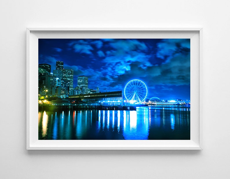 Seattle Art Great Wheel Waterfront View Seattle Skyline Night Cityscape, Blue Wall Art, Blue Home Decor Large Wall Art Prints Available image 1