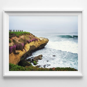La Jolla Beach Decor San Diego California Beach Cliffs and Purple Flowers Pacific Ocean Fine Art Print Multiple Sizes Available image 1
