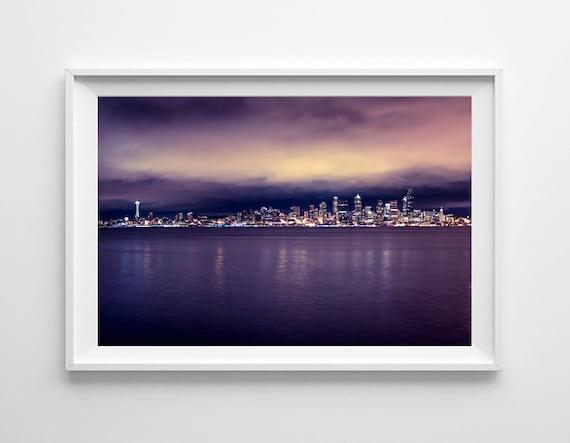 Seattle Skyline Purple Wall Art - Purple Home Decor, Minimalist Art, Cityscape Urban Photograph - Small and Oversized Art Prints Available
