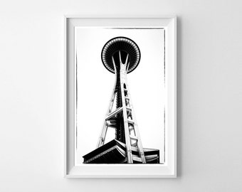 Seattle Art Space Needle Black and White Vertical Wall Art - Monochrome Living Room Decor or Bedroom Decor - Large Wall Art Prints Available