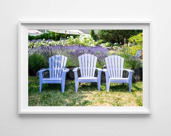 Lavender Art Vashon Island Purple Adirondack Chairs at Lavender Farm - Garden Art Lavender Decor - Impresiones de arte mural pequeñas y grandes disponibles