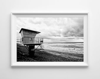 San Diego Photograph Torrey Pines Beach Lifeguard Tower - Black and White Film Photography - Framed Wall Art Print Available