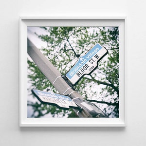 May include: A framed photograph of street signs. The signs are white with blue text, displaying "Bloordale Village" and "Bloor St. W. 1240". They are attached to a grey pole, with green foliage visible in the background.