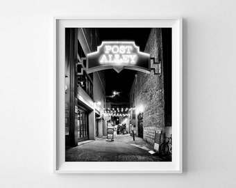 Seattle Pike Place Market - Post Alley at Night Black and White Photography, Urban Cityscape Art - Small and Large Wall Art Prints Available