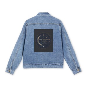 Moonwater Crescent Moon graphic Men's Denim Jacket | celestial stars, navy patch
