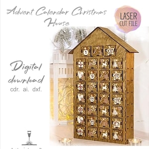 Adventskalender mit 31 Fächern – Lasergeschnittene Vorlage | CDR/DXF-Dateien | 3D-Holzgebäude-Vorlage | Architekturmodell