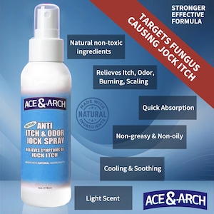 May include: A white spray bottle of "ACE & ARCH ANTI ITCH & ODOR JOCK SPRAY", with text indicating it relieves symptoms of jock itch. The bottle states it has natural ingredients, a light scent, and quick absorption. The product targets fungus causing jock itch.