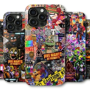 May include: A collection of five phone cases featuring a collage design with characters and text from the video game "Five Nights at Freddy's." The cases display a variety of colorful graphics, including the game's logo, characters, and other related imagery.